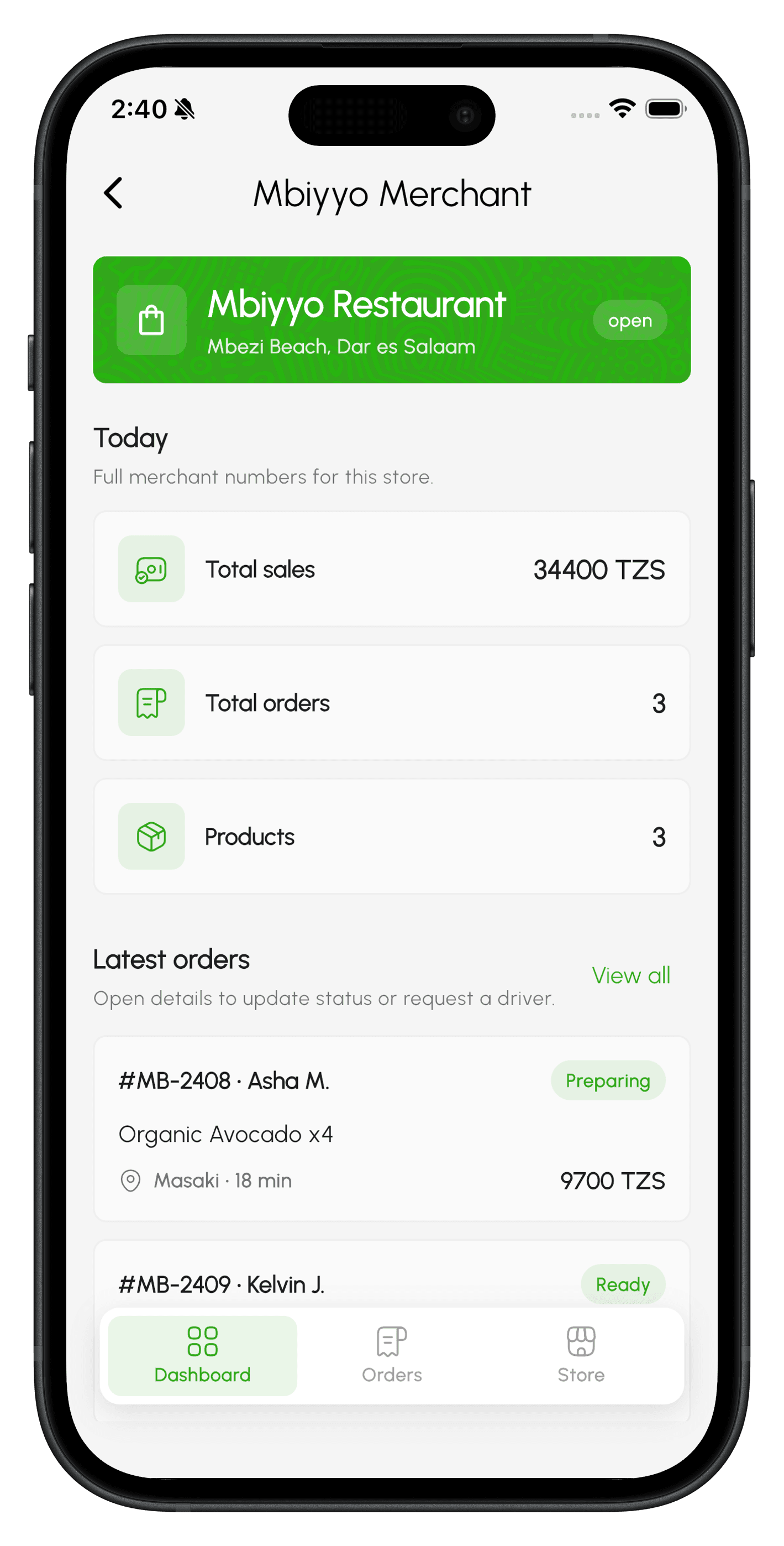 Mbiyyo Merchant storefront phone mockup